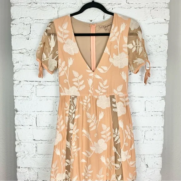 For Love & Lemons Mia Maxi Peach Lace Dress Floral Embroidered Sheer Panel XS - Picture 5 of 15